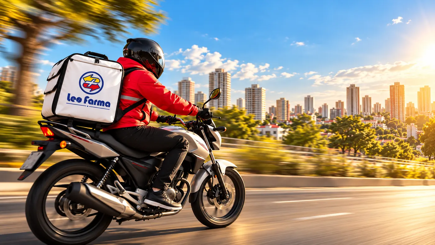 Entregador da Leo Farma de moto, com jaqueta vermelha e bag com a marca da farmácia, passando por uma avenida de Anápolis
